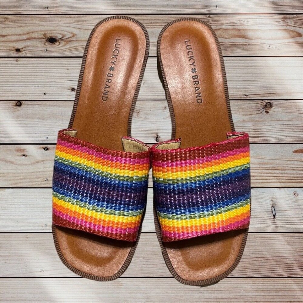 Lucky Brand Women's Size 8  Brown Leather Flip Flop‎ Sandal Heel Rainbow Beach